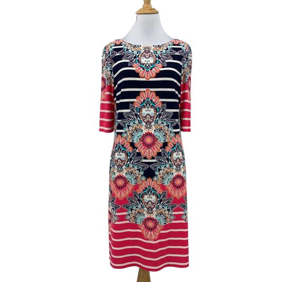 Eliza J Shift Dress Womens 8 Short Sleeve Floral Stripe Back Zip Lined Stretch - Picture 3 of 15